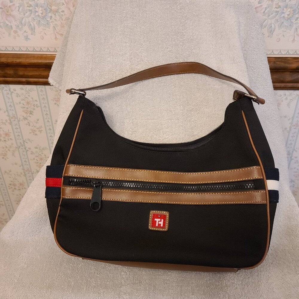 TOMMY HILFIGER MEDIUM SHOULDER BAG- BLACK & BROWN TRIM, LOGO DETAIL-